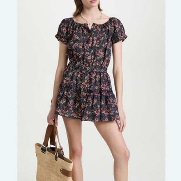 Eberjey Elsie Navy Button Floral Mini Dress in Peacock and Brick, Size Small - Picture 12 of 12
